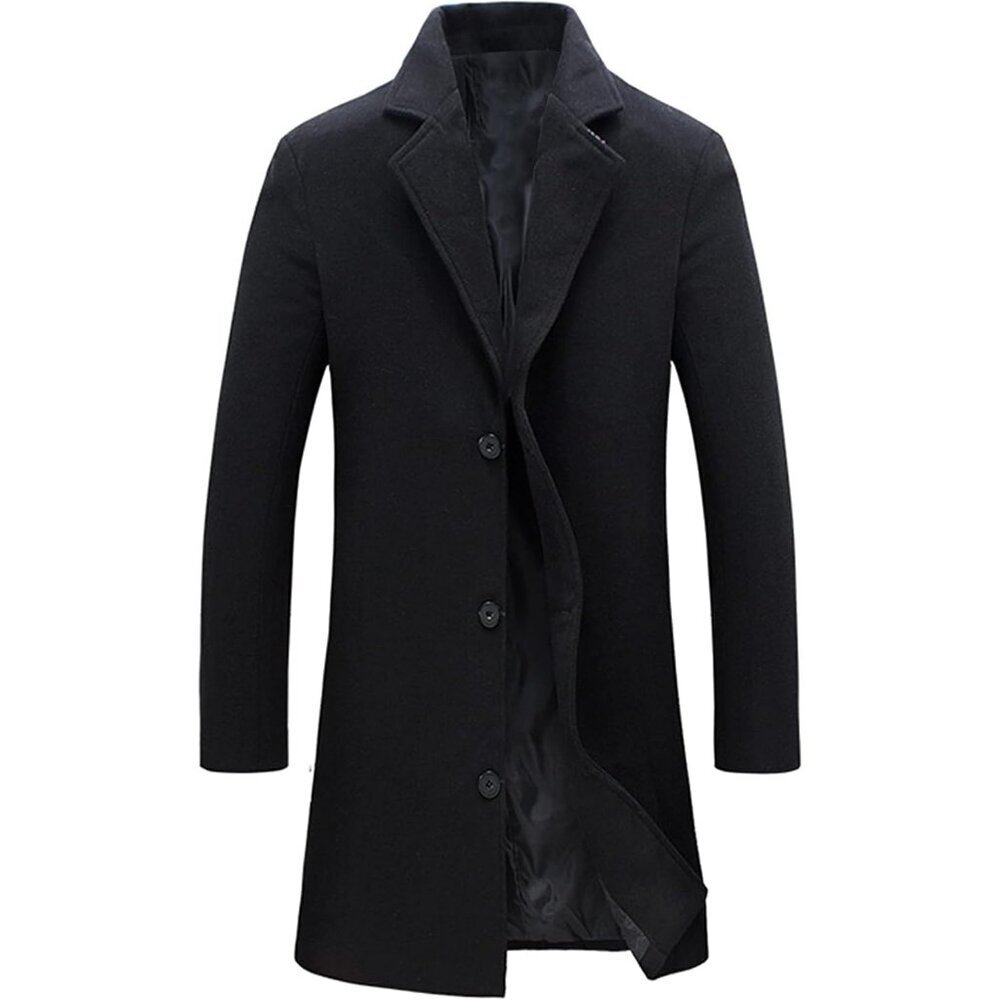 Men's Black Wool Blend Pea Coat Notched Collar  Breasted Winter Trench Coat
